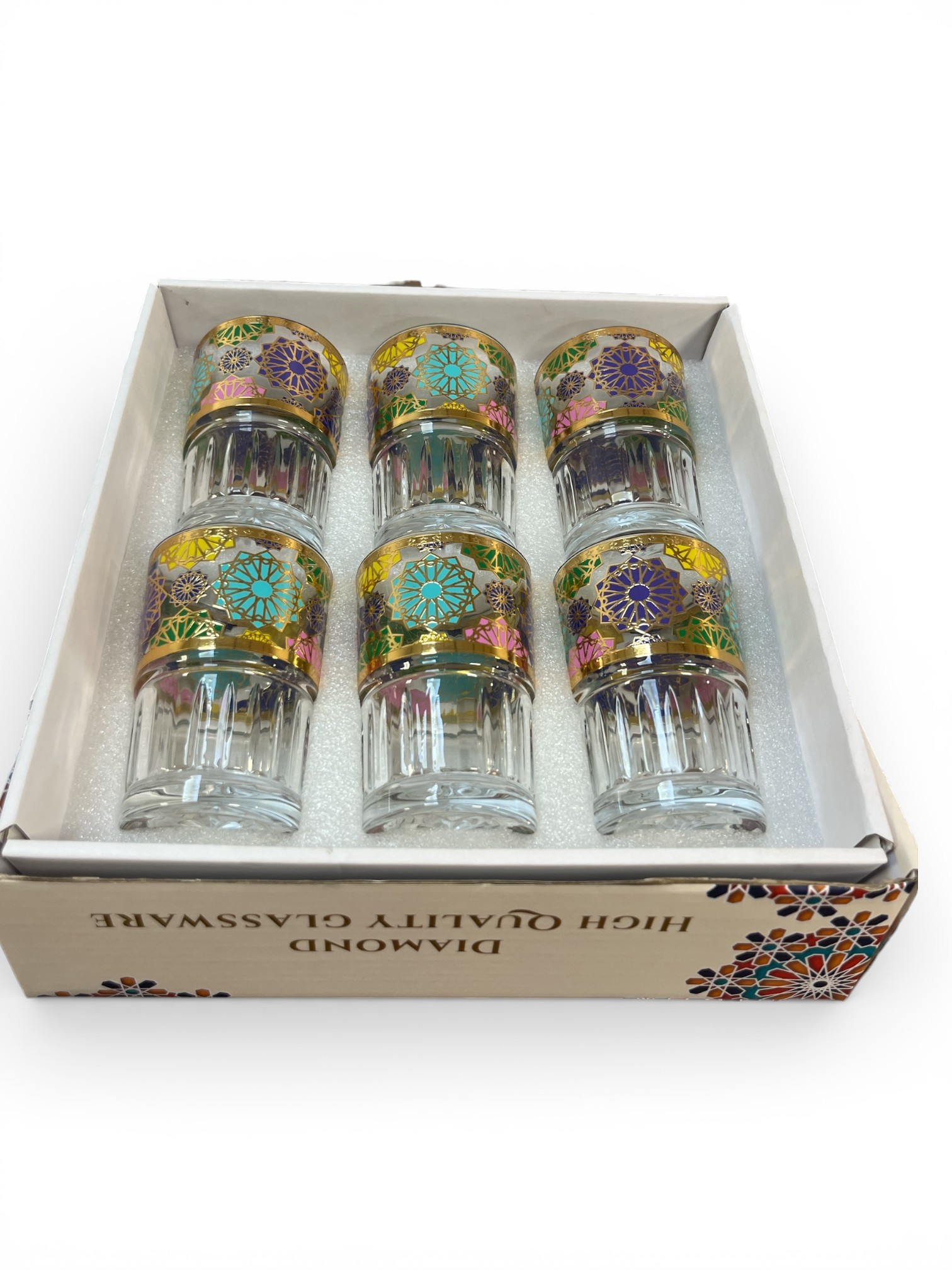 Coffret 6 Verres à Thé Marocains – Rosaces Multicolores Doré (Premium)