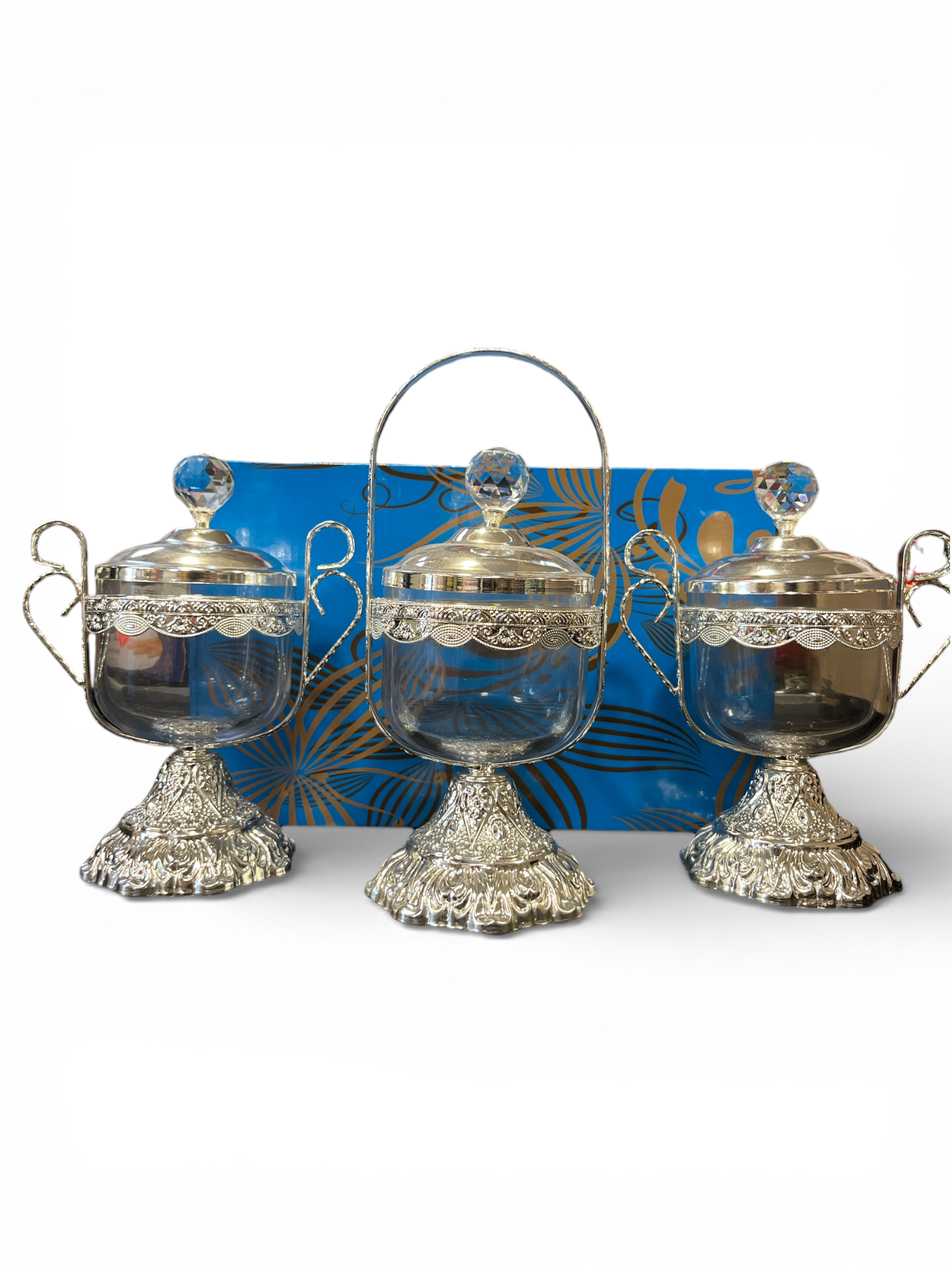 Set de 3 Coupelles sur Pied avec Support - Verre et Métal Argenté - Style Oriental