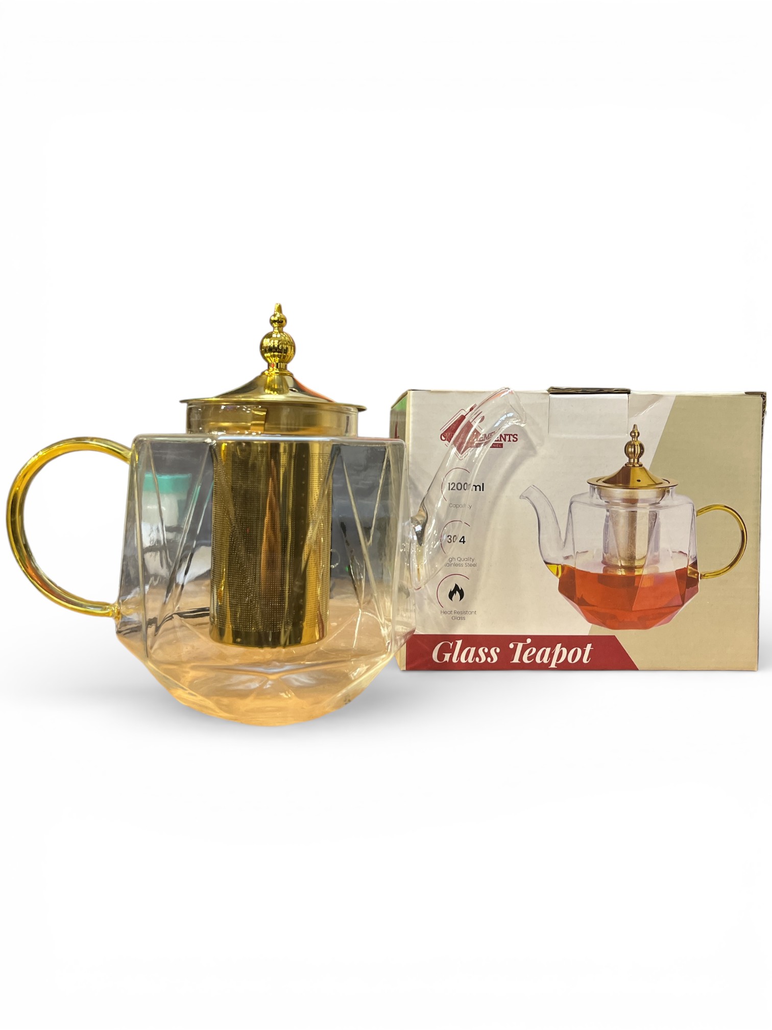 Glass Teapot Théière Transparente avec Filtre Inox - 1,2L - Finition Or