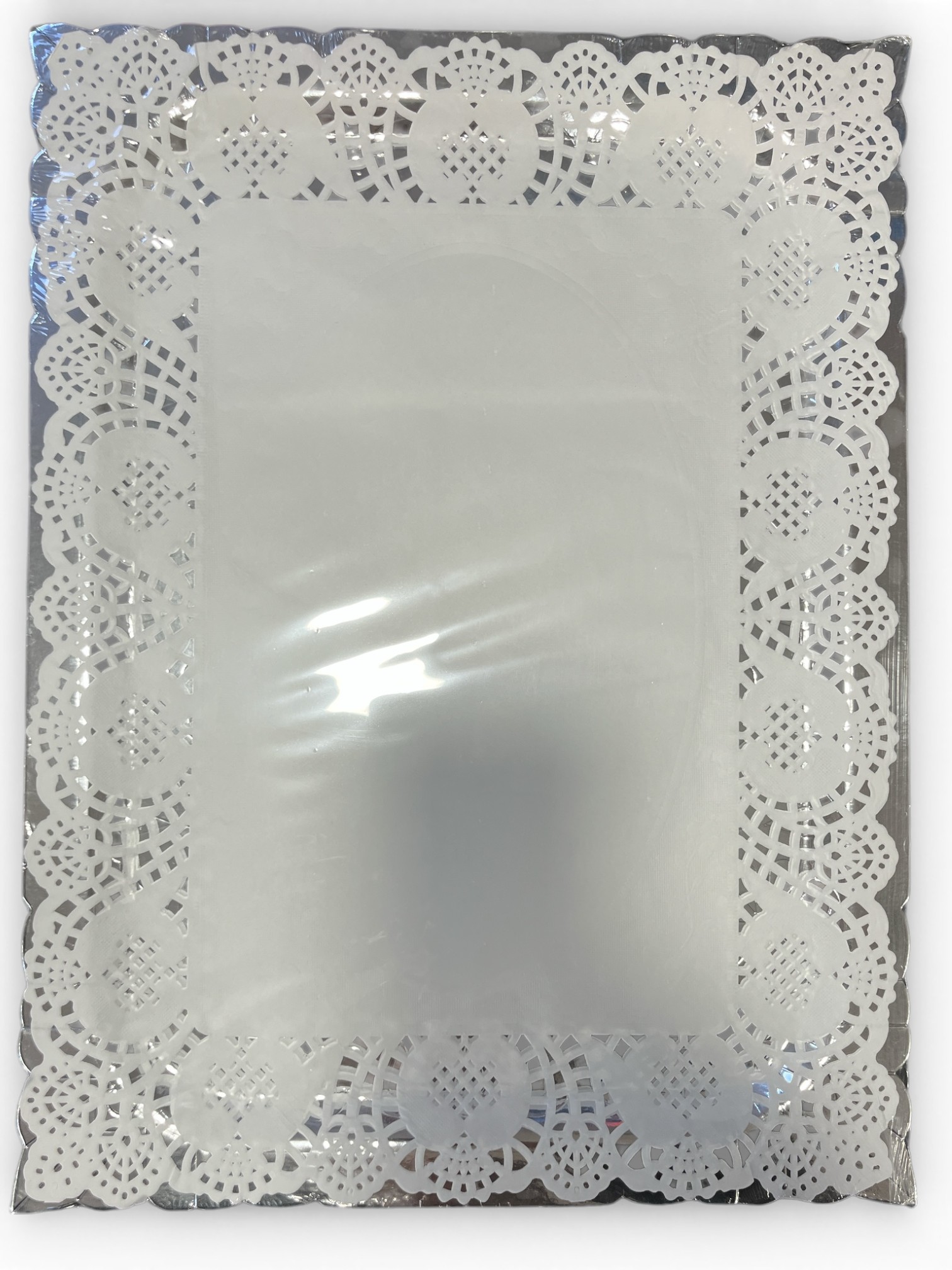 Plateau Carton Rigide Pâtisserie avec Napperon Dentelle – Argent / Or – 41x31 cm