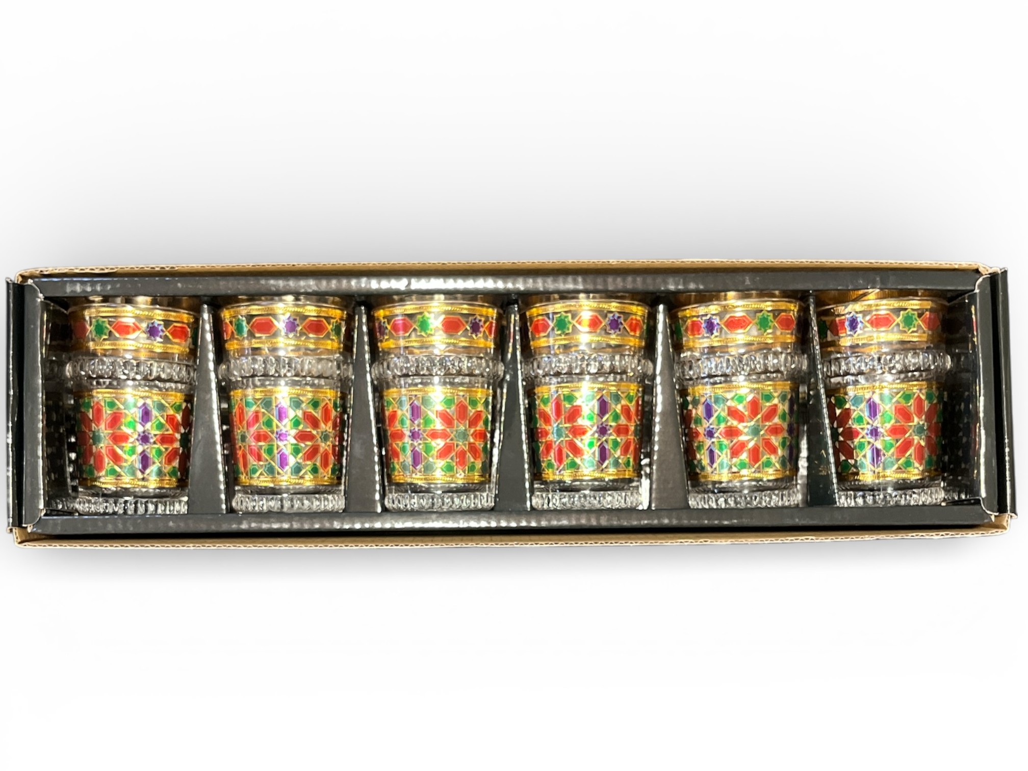 Coffret 6 Verres à Thé Marocains 180 ml – Motifs Mosaïque Multicolore Doré