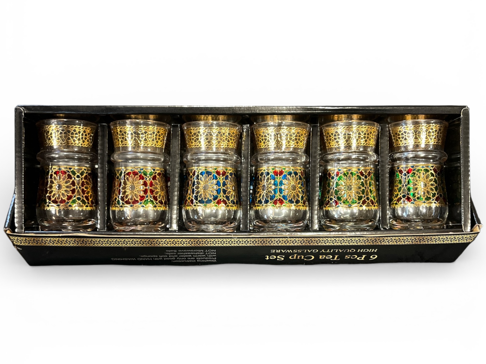 Coffret 6 Verres à Thé Marocains 180 ml – Rosaces Dorées Multicolores